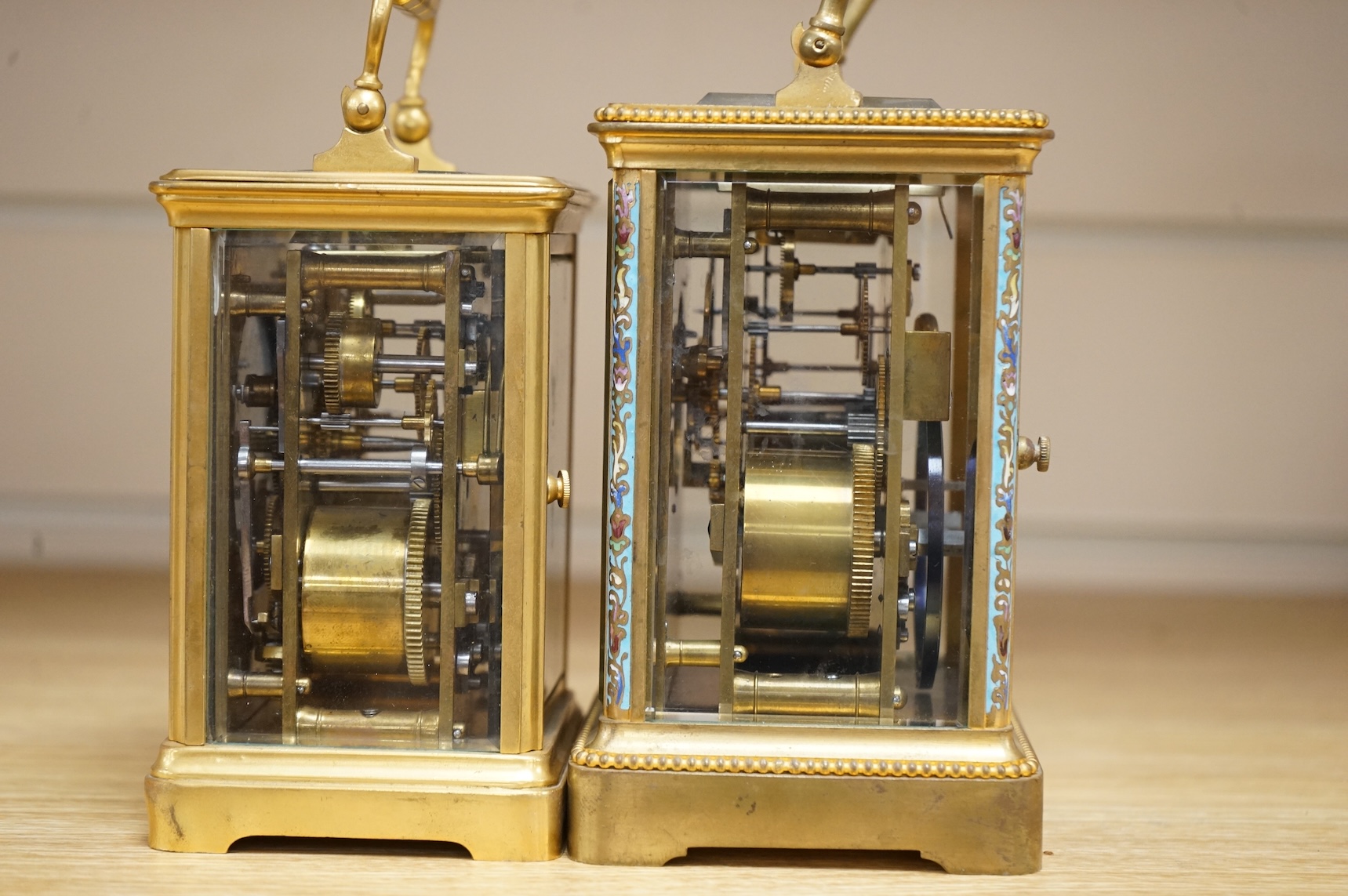 Two French carriage clocks, one champlevé enamelled, tallest 15cm